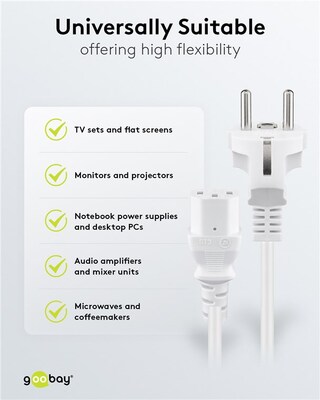 Kábel sieťový 230V, vidlica (CEE7/7) priama - C13, 2m, 0.75mm², 10A, biely
