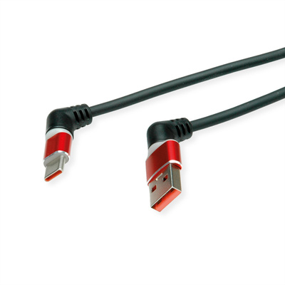 Kábel USB 2.0 Typ C AM/CM 2m, High Speed, čierny/červený, zahnutý 90°, otočné konektory