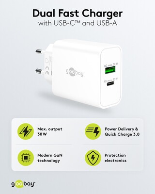 Nabíjačka USB 230V 2port, 1xUSB A, 1x USB Typ C, 30W, Power Delivery, Quick Charge 3.0, biela