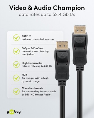 Kábel DisplayPort M/M 3m, 8K@60Hz, DP v1.4, 32.4Gbit/s, čierny, pozl. konektor