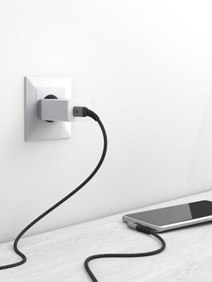 Kábel USB 2.0 Typ C CM/CM 2m, High Speed, Power Delivery 60w 20V3A, čierny/sivý, zahnutý 90°