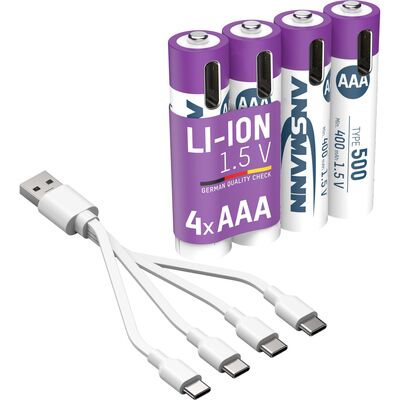 Baterka ANSMANN nabíjacia AAA (4ks) 500mAh Li-Ion (HR03), nabíjanie cez USB C