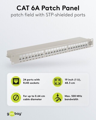 19" Patch panel 24port cat.6a, tienený s uzemnením, celokovový, 1U, sivý