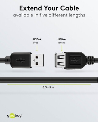 Kábel USB 2.0 A-A M/F 0.6m, High Speed, predlžovací, čierny