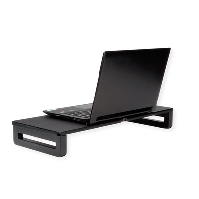 Stojan/podstavec na monitor/notebook, výškovo nastaviteľný, čierny, drevený