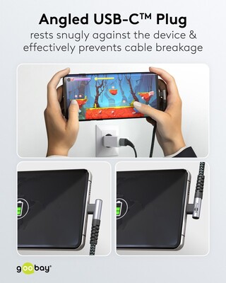Kábel USB 2.0 Typ C AM/CM 2m, High Speed, Power Delivery 60w 20V3A, čierny/sivý, zahnutý 90°