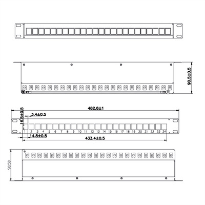 19" Patch panel 24port Keystone, tienený s uzemnením, celokovový, 1U, čierny