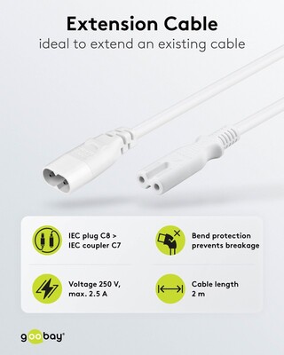 Kábel sieťový 230V 2pin C7 - C8 predlžovací, 2m, 0.75mm², 2.5A, biely