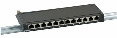 10" Patch panel 12port cat.6a, tienený s uzemnením, celokovový, montáž aj na DIN a stenu, 0.5U, sivý