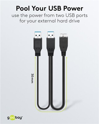 Kábel USB 3.2 Gen 1, 2xA-MICRO-B(3.0) M/M 0.3m, 5Gbps, čierny, Y-kábel, Extra napájanie