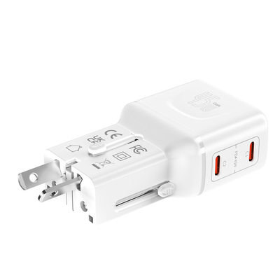 Nabíjačka USB 230V 2port, EU/UK/US, 2xUSB Typ C, 45W, PD, QC 3.0, cestovná/skladacia/vrecková, biela