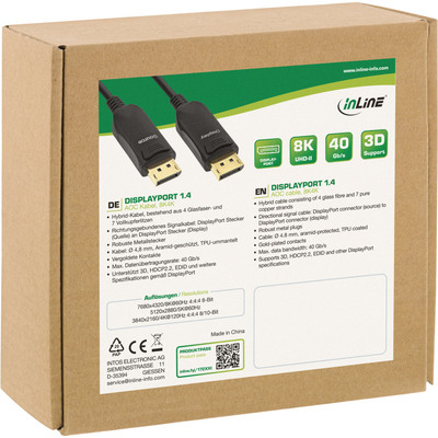 Kábel DisplayPort M/M 10m, 8K@60Hz, DP v1.4, 32.4Gbit/s, čierny, jednosmerný, aktívny, optický