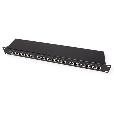 19" Patch panel 24port cat.5e, tienený s uzemnením, celokovový, 1U, čierny