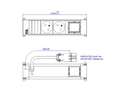 Power Frame 2xUTE 230V, 1xCustom, 0.2m kábel 1.5mm², GST18, biely