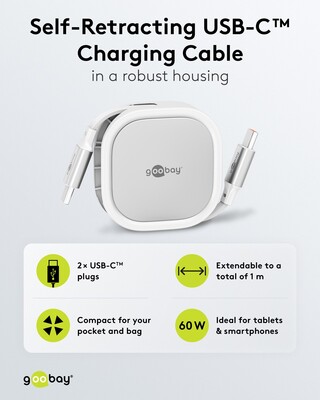 Kábel USB 2.0 Typ C CM/CM 1m, High Speed, Power Delivery 15w 5V3A, biely/sivý, samonavíjací