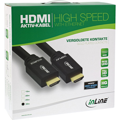 Kábel HDMI M/M 30m, High Speed+Eth, 4K@30Hz, HDMI 1.4, pozl. konektor, čierny, jednosmerný, aktívny
