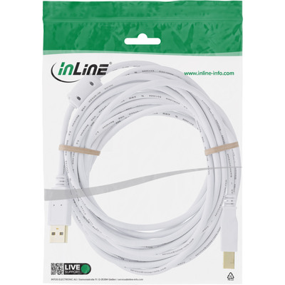 Kábel USB 2.0 A-B M/M 5m, High Speed, biely, pozl. konektor, s feritom