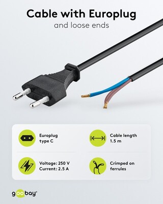 Kábel sieťový 230V, 2pin vidlica (CEE7/16) priama - dutinky, 1.5m, 0.75mm², 2.5A, surový, čierny
