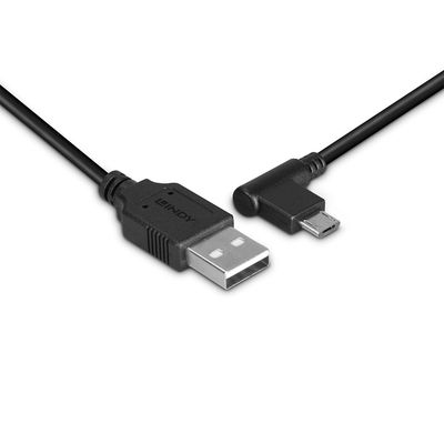 Kábel USB 2.0 A-MICRO-B M/M 0.5m, High Speed, čierny, zahnutý doľava 90°