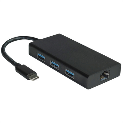 Adaptér USB 3.1 Typ C na RJ45 (Gigabit Ethernet), Hub 3x USB 3.0 A, 10cm, čierny