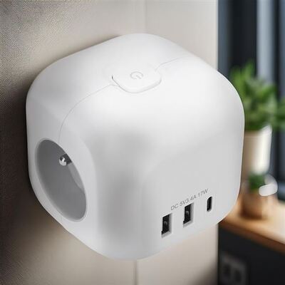 Rozvodka biela 3x 16A guľatá zásuvka, s nabíjačkou 2xUSB-A,2.4 A, 1xUSB-C 15W, biela