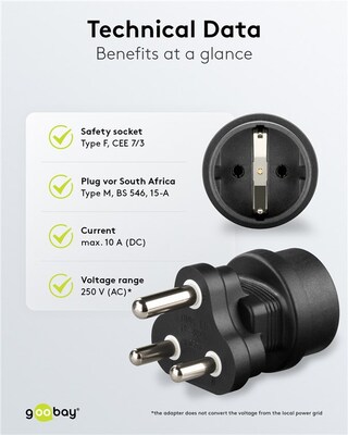 Adaptér cestovný Európa SCHUKO (CEE7/3) -> Južná Afrika, India (BS-546), max. 16A, čierny 