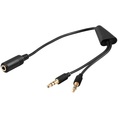 Kábel 3,5mm 4pin audio jack/2x3,5mm stereo F/M, 15cm slúchadlo+mikrofón, čierny pozl. konektor