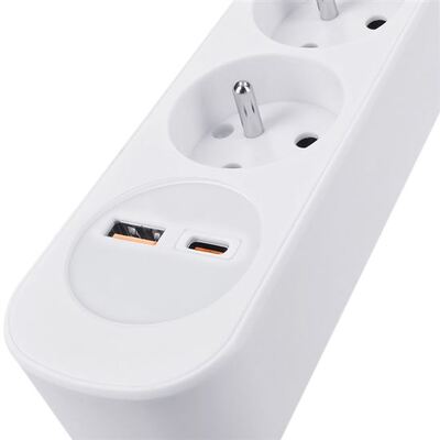 Predlžovačka 2m s 3 zásuvkami, s vypínačom, 1.00mm², USB nabíjačka A+C 20W, biela