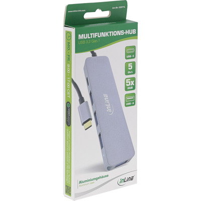 Hub USB 3.2 Typ C, 5 Port, 4x USB A, 1x USB Typ C (Power Delivery 87W), 11cm, sivý