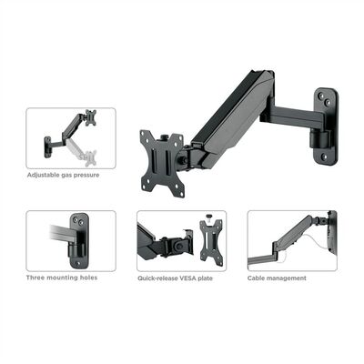Držiak pre monitor na stenu, pneumatický, max 8kg, rameno 453mm, VESA 75/100, čierny