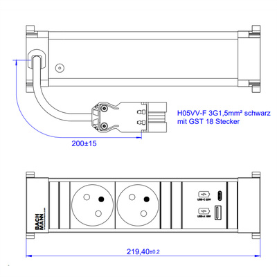 Power Frame 2xUTE 230V, nabíjačka (USB A + USB C), 0.2m kábel 1.5mm², GST18, hliník/čierny