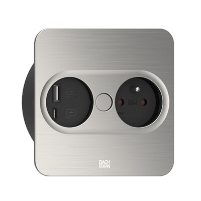 TWIST2 SQUARE 1xUTE 230V, nabíjačka (USB A + USB C), 2m kábel 1.5mm², vidlica CEE7/7, nerezová farba