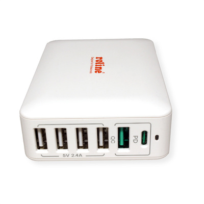 Nabíjačka USB 230V 6port, 5xUSB A, 1xUSB Typ C, 60W, Power Delivery, QC 3.0, kábel (C7) 1.2m, biela