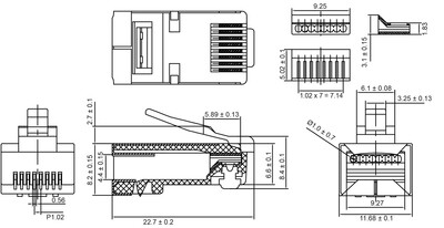 Konektor 8/8 RJ45 cat.5e, FTP+krytka, čierny, 10ks/bal