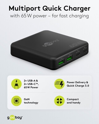 Nabíjačka USB 230V 4port, 2xUSB A, 2xUSB Typ C, 65W, PD, QC 3.0, kábel (C7) 1.5m, GaN, čierna