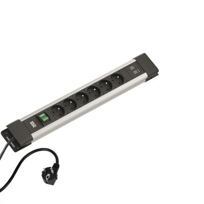 Predlžovačka CONNECTUS, 6xUTE 230V + USB nabíjačka (A+C), s vypínačom, 2m, 1.5mm², hliník, čierna