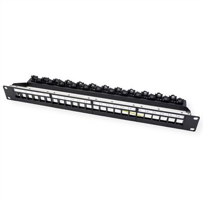 19" Patch panel 24port Keystone, tienený s uzemnením, celokovový, klipsové úchytky, 1U, čierny