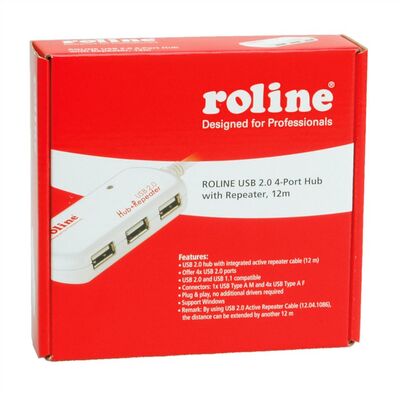 Kábel USB 2.0 A-A M/F 12m, High Speed, predlžovací, biely, aktívny, 4port Hub