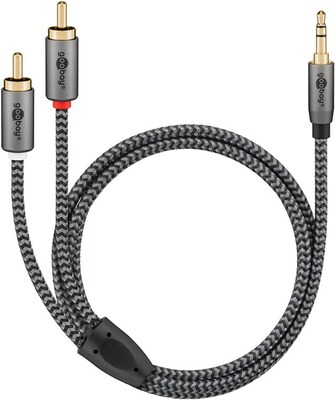 Kábel 3,5mm stereo/2xCinch M/M 5m, čierny/sivý, pozl. konektor