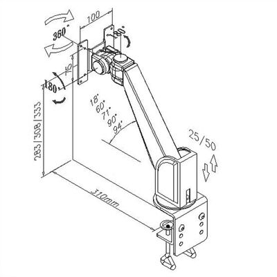 Držiak pre monitor na stenu/stôl, úchyt o dosku, pneumatický, max 10kg rameno 250mm VESA 75/100 sivý