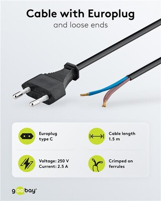 Kábel sieťový 230V, 2pin vidlica (CEE7/16) priama - dutinky, 1.5m, 0.75mm², 2.5A, surový, čierny