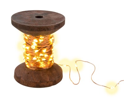 LED svetelná reťaz na drevenej cievke, napájanie USB, vypínač, 100 LED, 10m