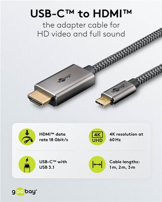 Kábel USB 3.1 Typ C na HDMI M/M 2m, gen.2, 4K2K@60Hz, čierny/sivý, oplet, pozl. konektor