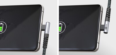 Kábel USB 2.0 Typ C CM/CM 1m, High Speed, Power Delivery 60w 20V3A, čierny/sivý, zahnutý 90°