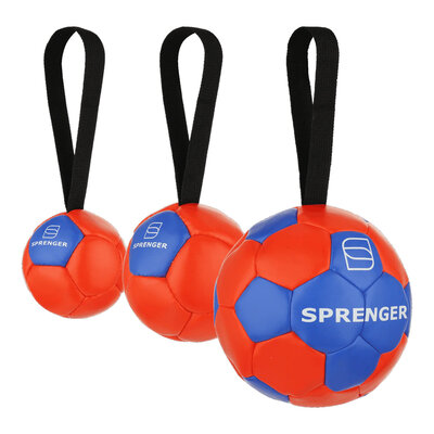 Lopta "futbalová" s priemerom 18cm, s uškom, ekokoža, oranžová/modrá