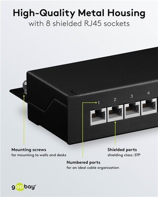 Patch panel 8port cat.6, tienený s uzemnením, celokovový, montáž na stenu, 1U, čierny