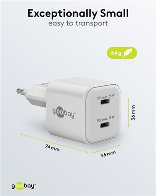 Nabíjačka USB 230V 1port, 2x Typ C, 35W, Power Delivery, Fast Charge, Nano, GaN, čierna
