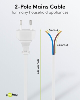 Kábel sieťový 230V, 2pin vidlica (CEE7/16) priama - dutinky, 1.5m, 0.75mm², 2.5A, surový, biely
