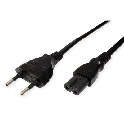 Kábel sieťový 230V, 2pin vidlica (CEE7/16) priama - C7 (2pin), 5m, 0.75mm², 2.5A, čierny