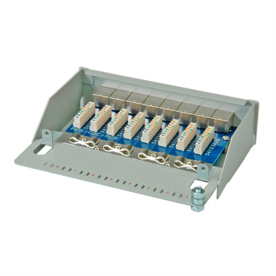 Patch panel 8port cat.5e, tienený s uzemnením, celokovový, montáž na stenu, 1U, sivý